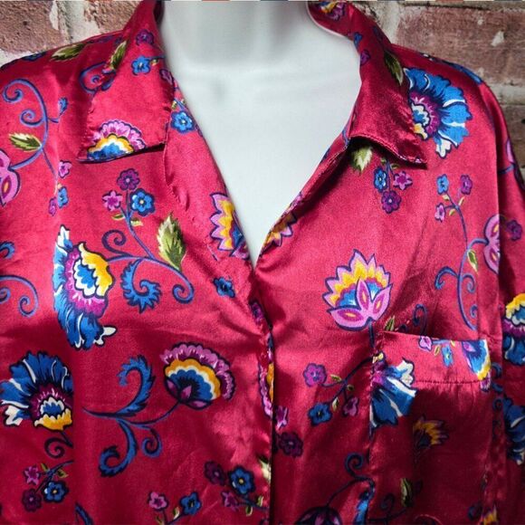 Vintage 90s EJCโIntimates Nightgown Pink Red Floral Satin OS Button Up V Neck - Picture 5 of 7